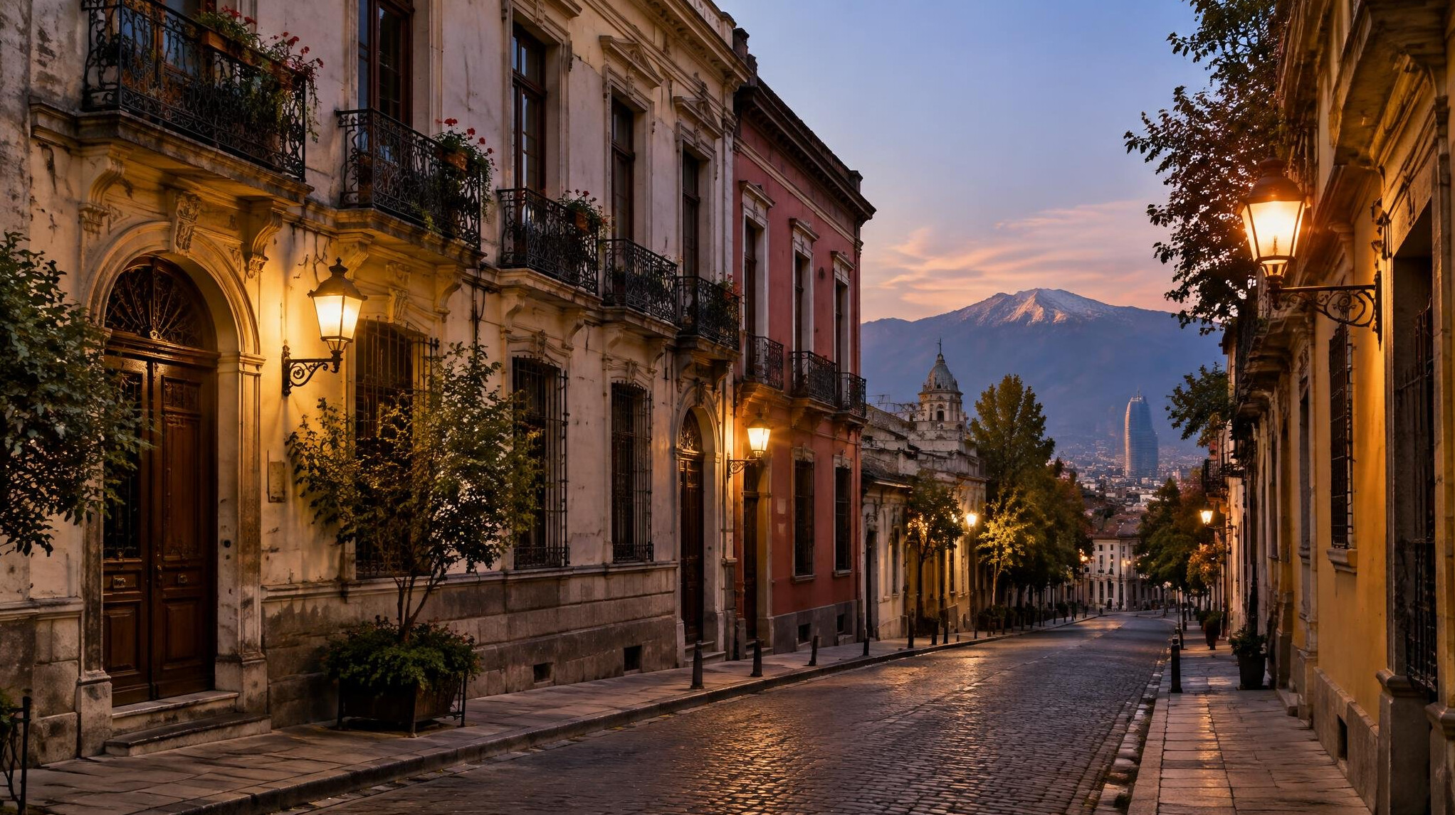 Old historic street in Santiago Chile with vintage buildings