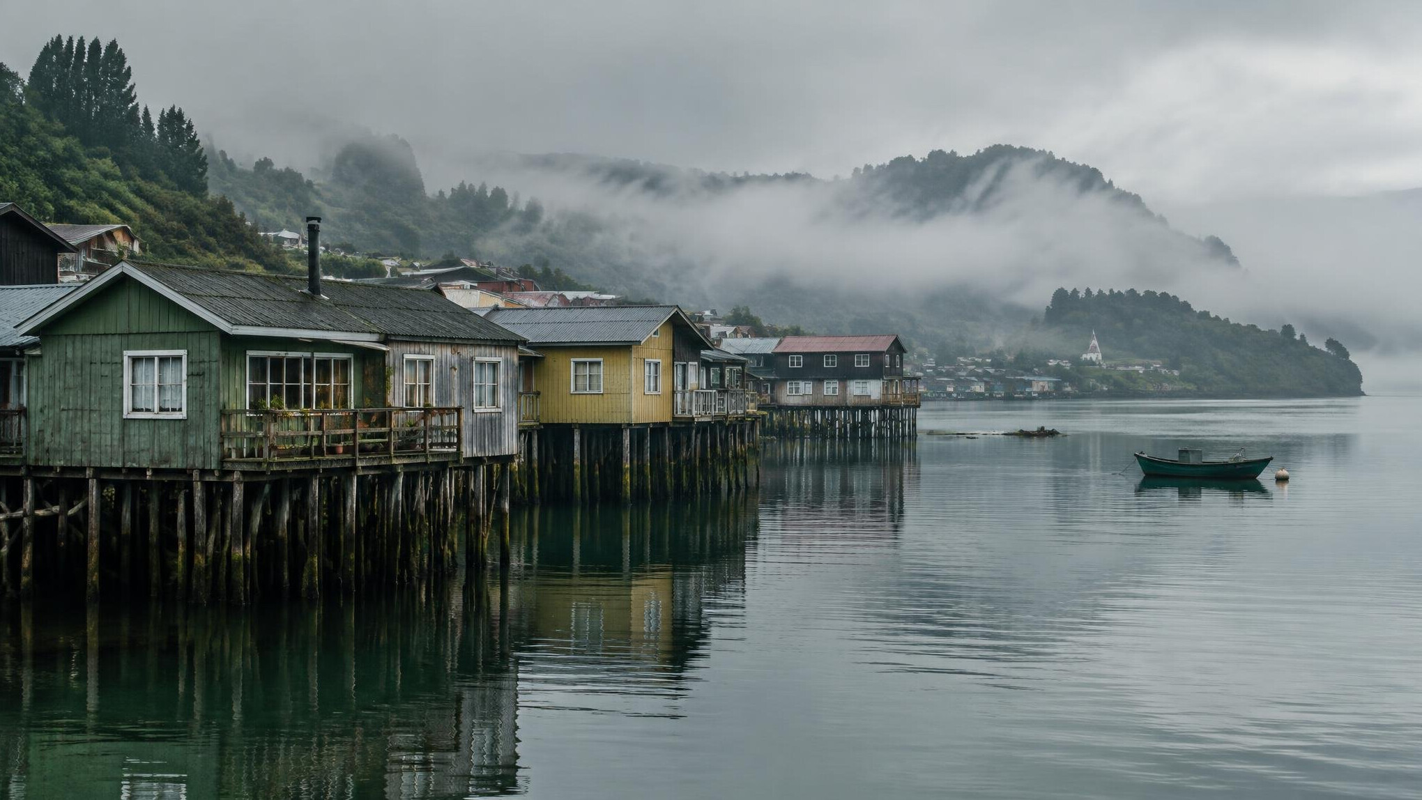Wooden palafito houses on stilts in Chiloe with mist