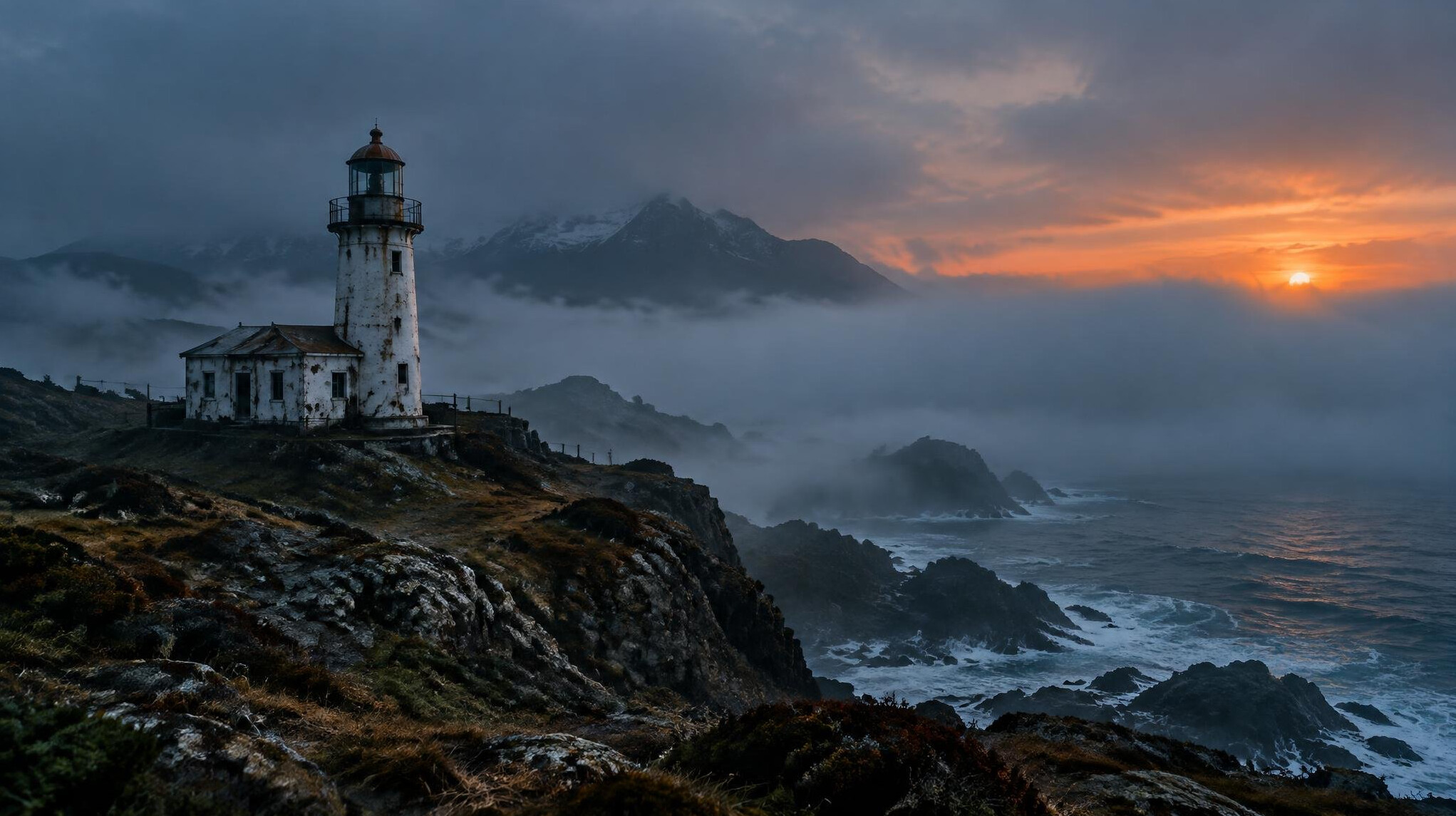 Abandoned lighthouse on a foggy southern coast at dusk