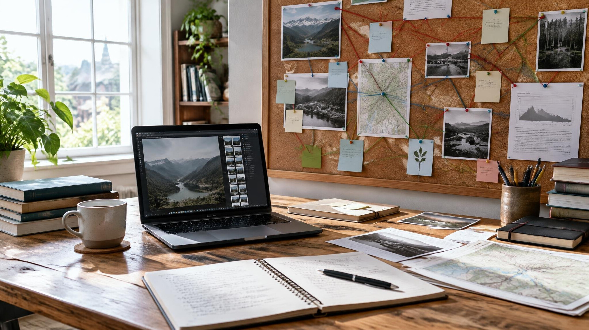 Editorial desk with notes, laptop and pinned documents on a wall