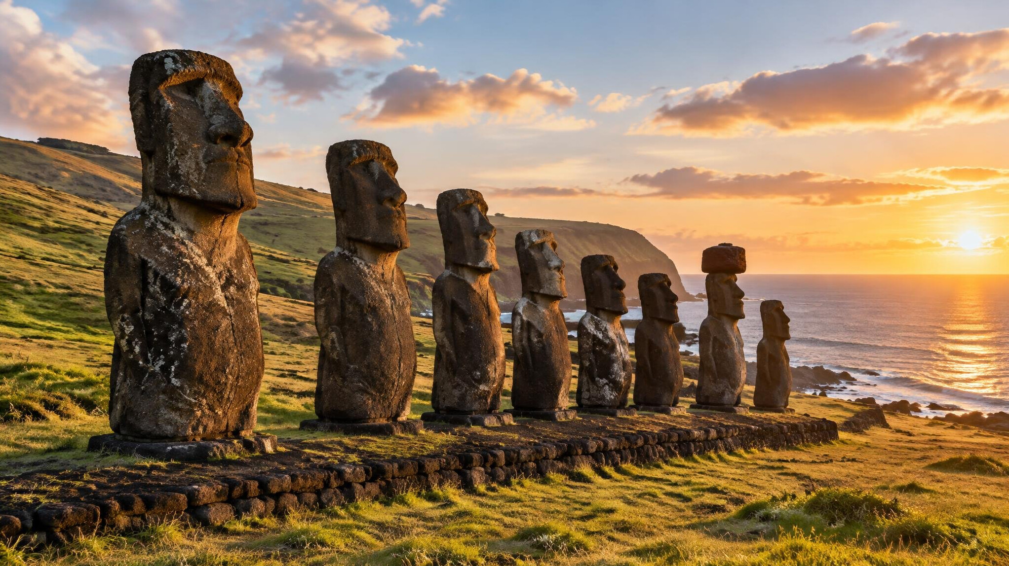 Moai statues on Easter Island Rapa Nui at sunrise