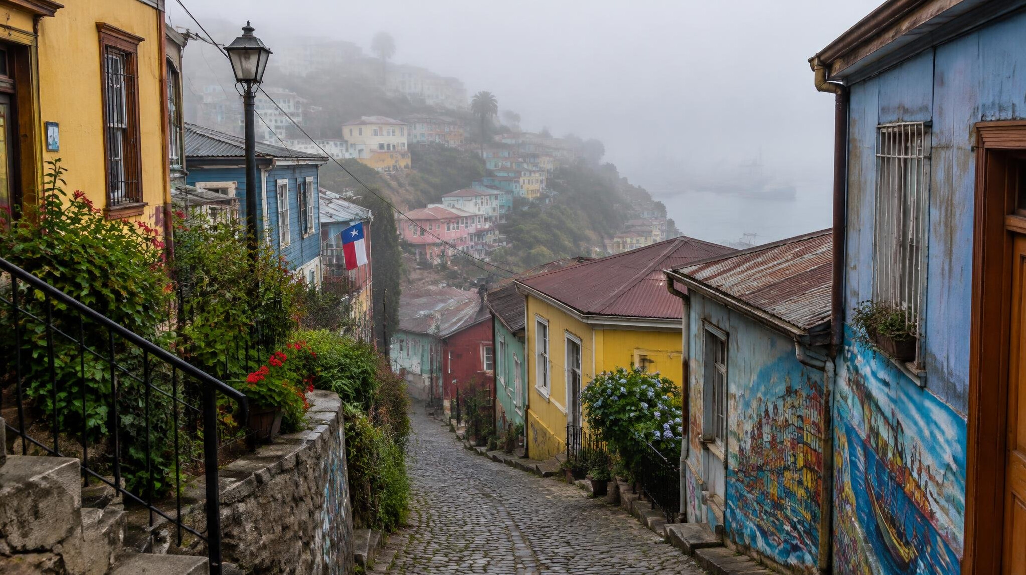 Colorful hillside houses and narrow alley in Valparaiso Chile with fog