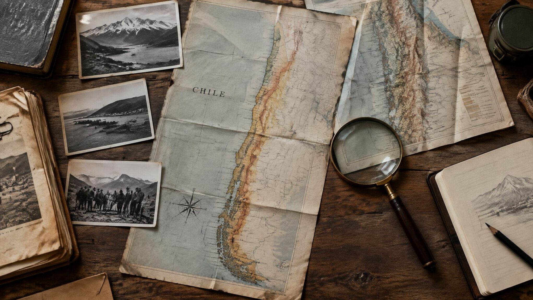 Desk with old documents, maps and a magnifying glass