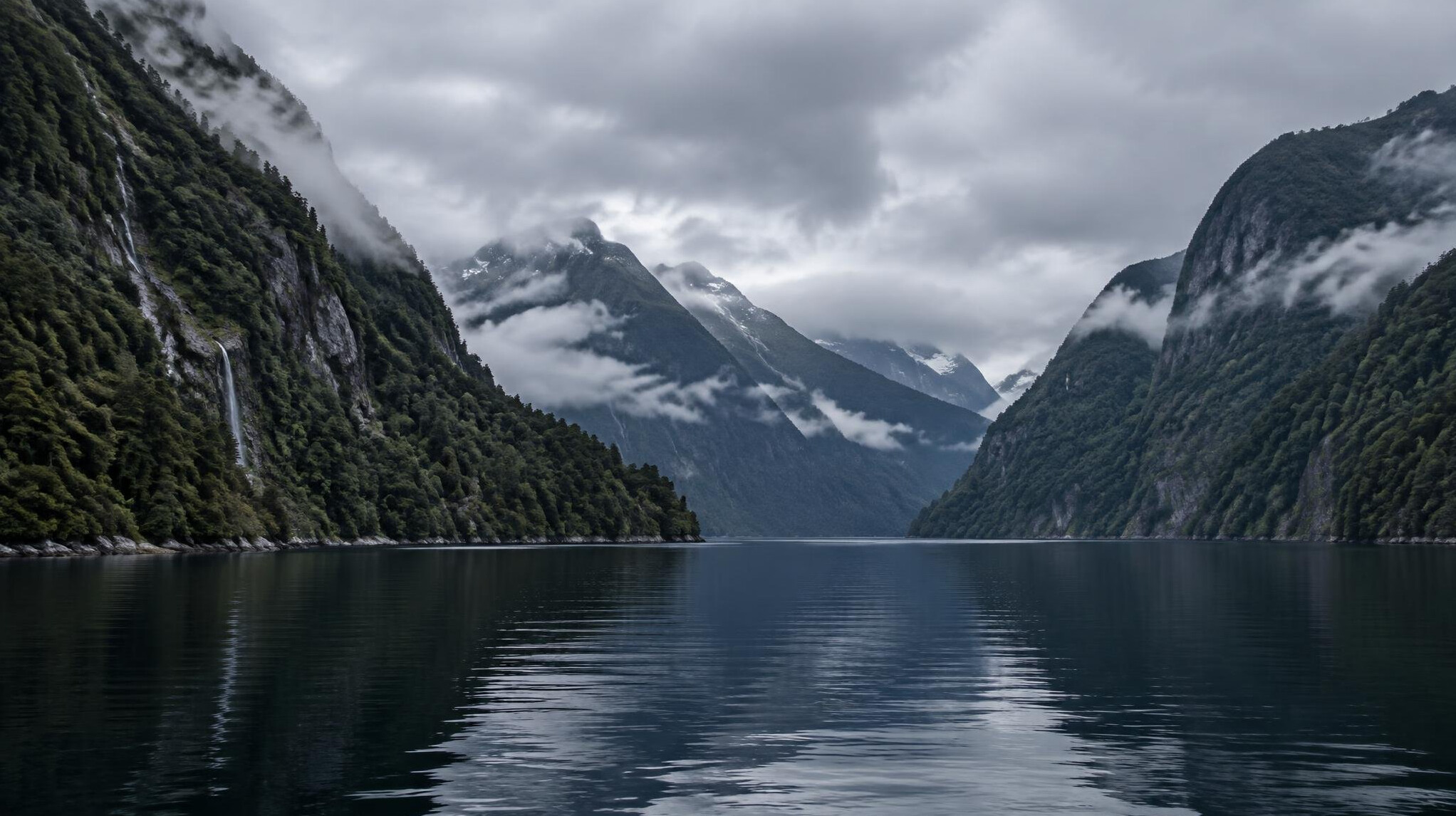 Patagonian fjord with mountains and low clouds in Aysen Chile